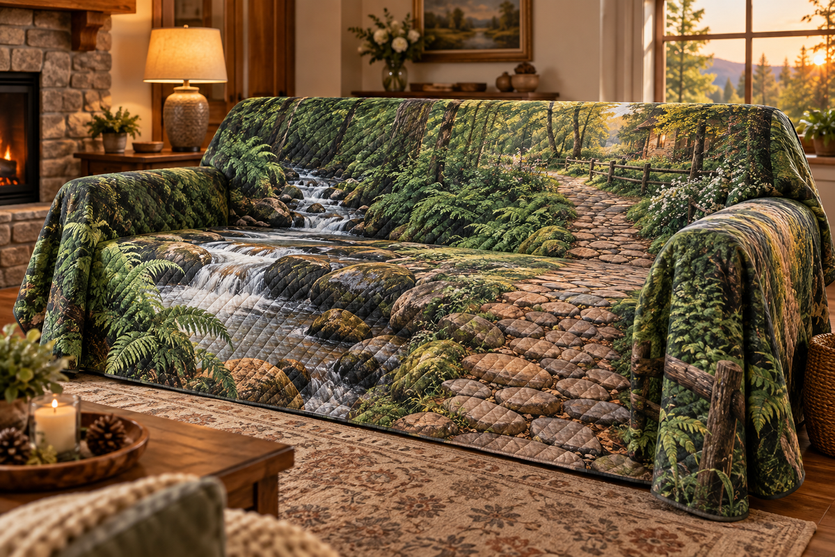 Forest Stream Host Gift Sofa Cover with flat printed optical 3D jade stream, honey stones and homeward creek