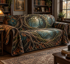 Enchanted Roots Reading Nook Sofa Cover with flat printed optical 3D oak roots, mossy hollows and bronze leaves