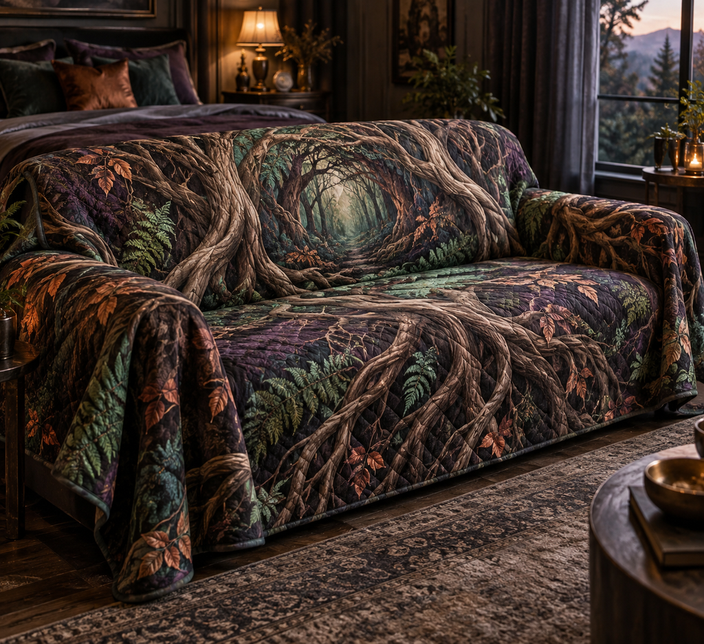 Enchanted Roots Bedroom Sofa Cover with flat printed optical 3D ancient roots, emerald moss and copper leaves