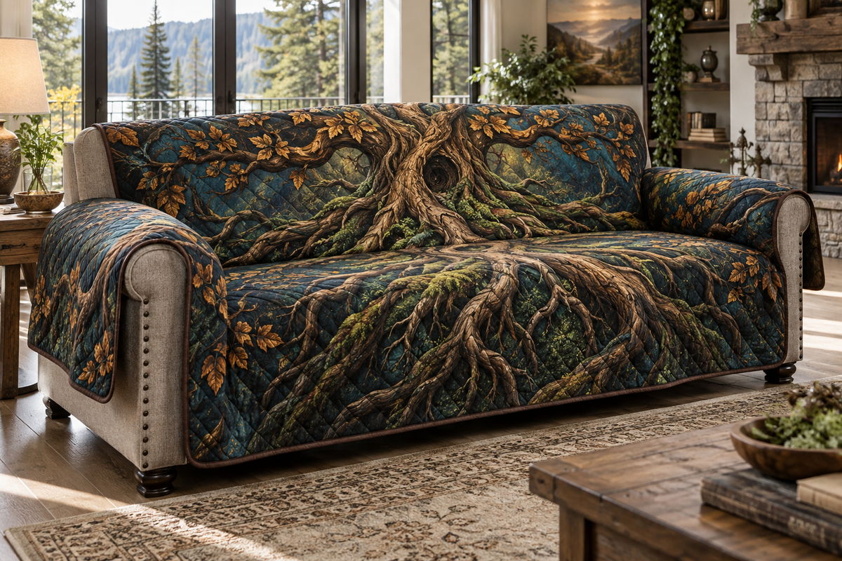 Enchanted Roots Living Room Sofa Cover with flat printed optical 3D oak roots, turquoise moss and copper foliage