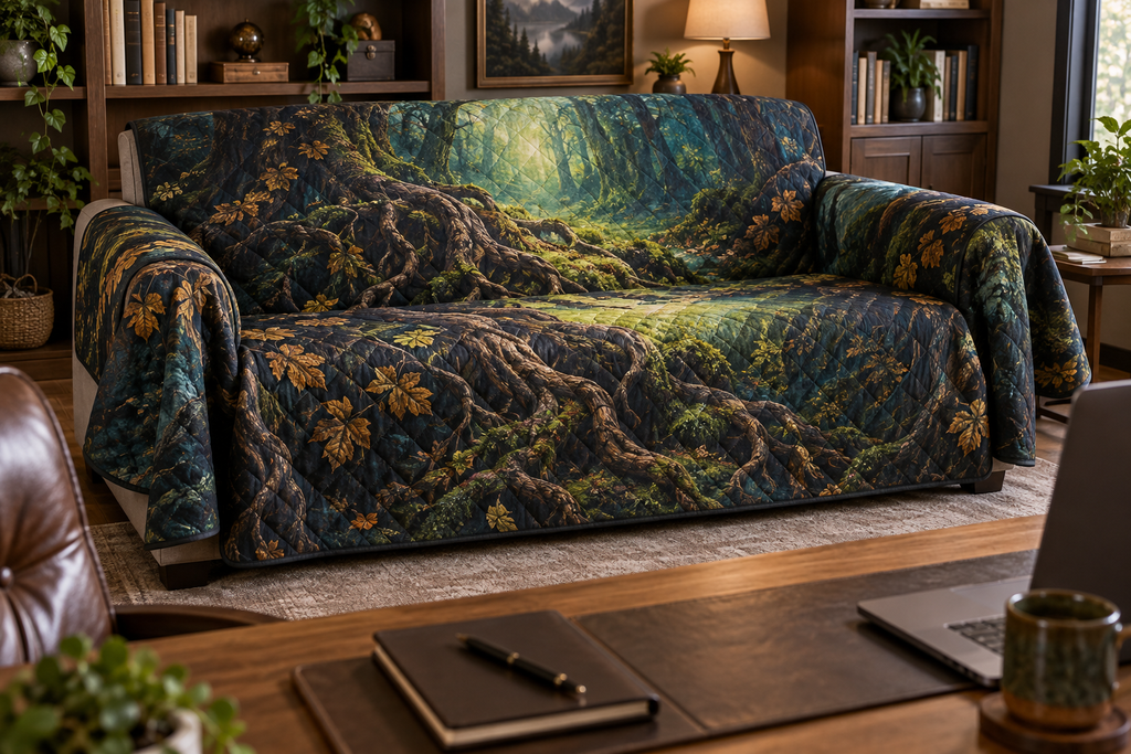 Enchanted Roots Home Office Sofa Cover with flat printed optical 3D tree roots, sage moss and copper leaves