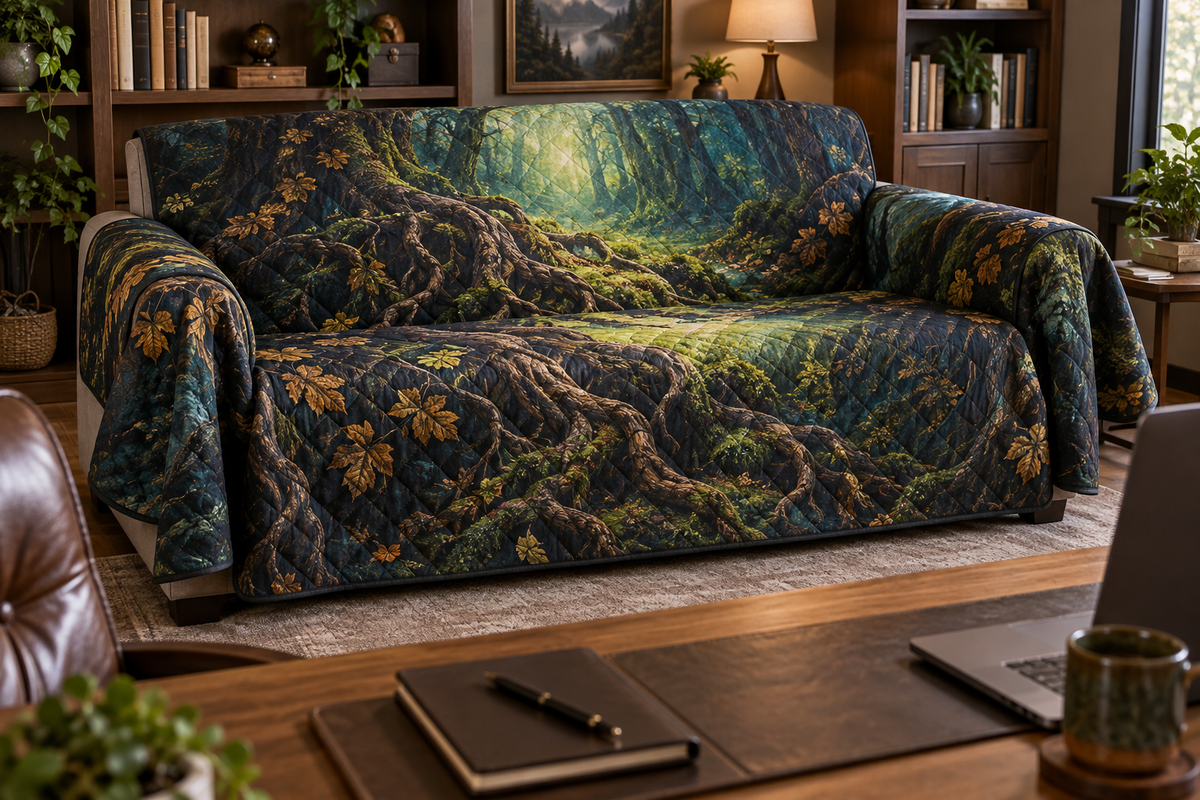 Enchanted Roots Home Office Sofa Cover with flat printed optical 3D tree roots, sage moss and copper leaves