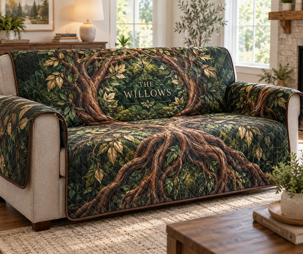Enchanted Roots Housewarming Sofa Cover with flat printed optical 3D oak roots and mossy hollow; sample family name shown on item