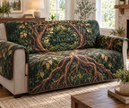 Enchanted Roots Housewarming Sofa Cover with flat printed optical 3D oak roots and mossy hollow; sample family name shown on item
