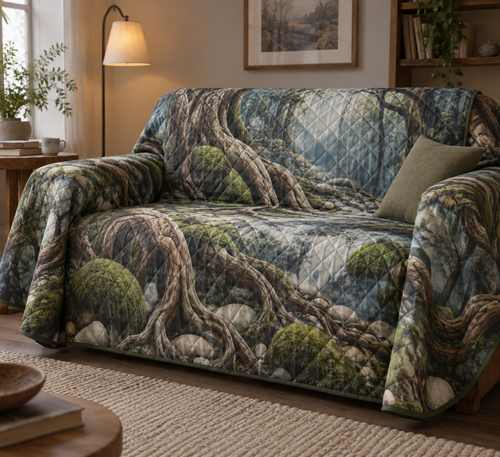 Enchanted Roots Quiet Corner Sofa Cover with flat printed optical 3D graceful roots, sage moss and gold leaves
