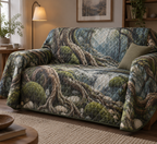 Enchanted Roots Quiet Corner Sofa Cover with flat printed optical 3D graceful roots, sage moss and gold leaves