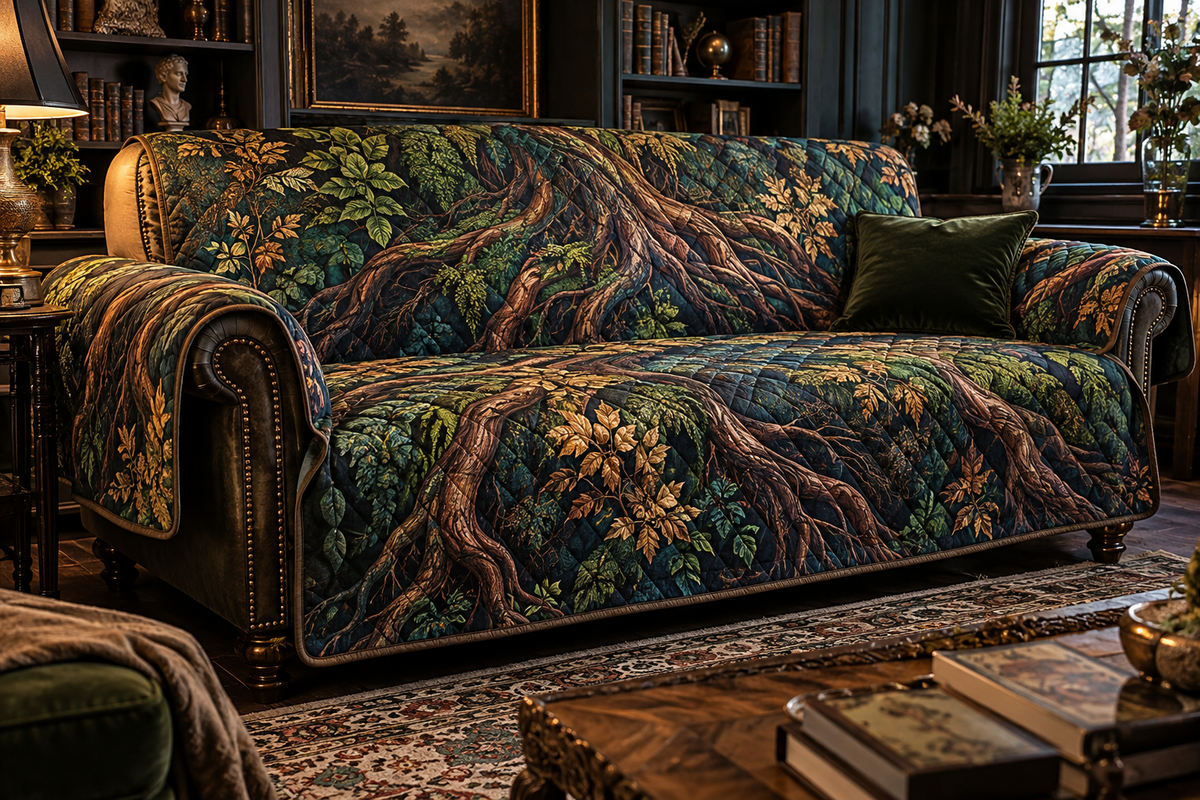 Enchanted Roots Collector Gift Sofa Cover with flat printed optical 3D antique roots, jewel-toned moss and burgundy leaves