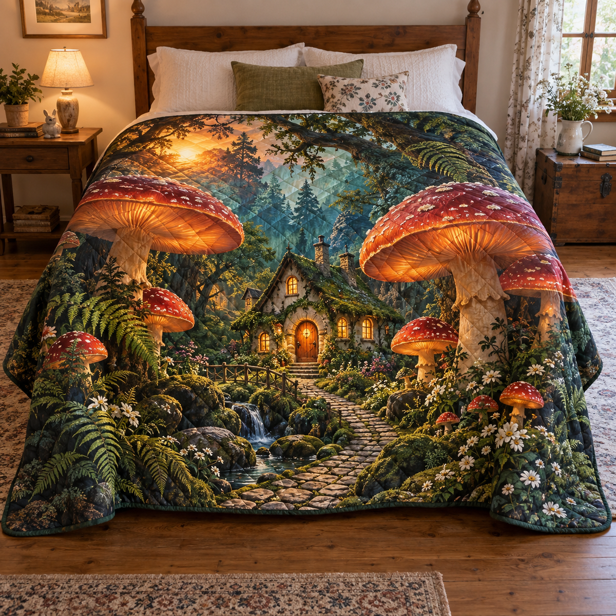 Enchanted Roots Studio Sofa Cover with flat printed optical 3D spiraling oak roots, teal moss and coral lichen