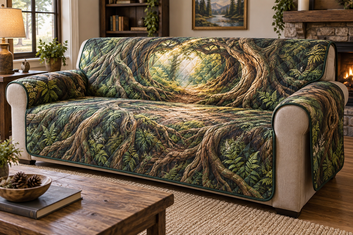 Enchanted Roots Host Gift Sofa Cover with flat printed optical 3D oak roots, moss and honey-gold leaves