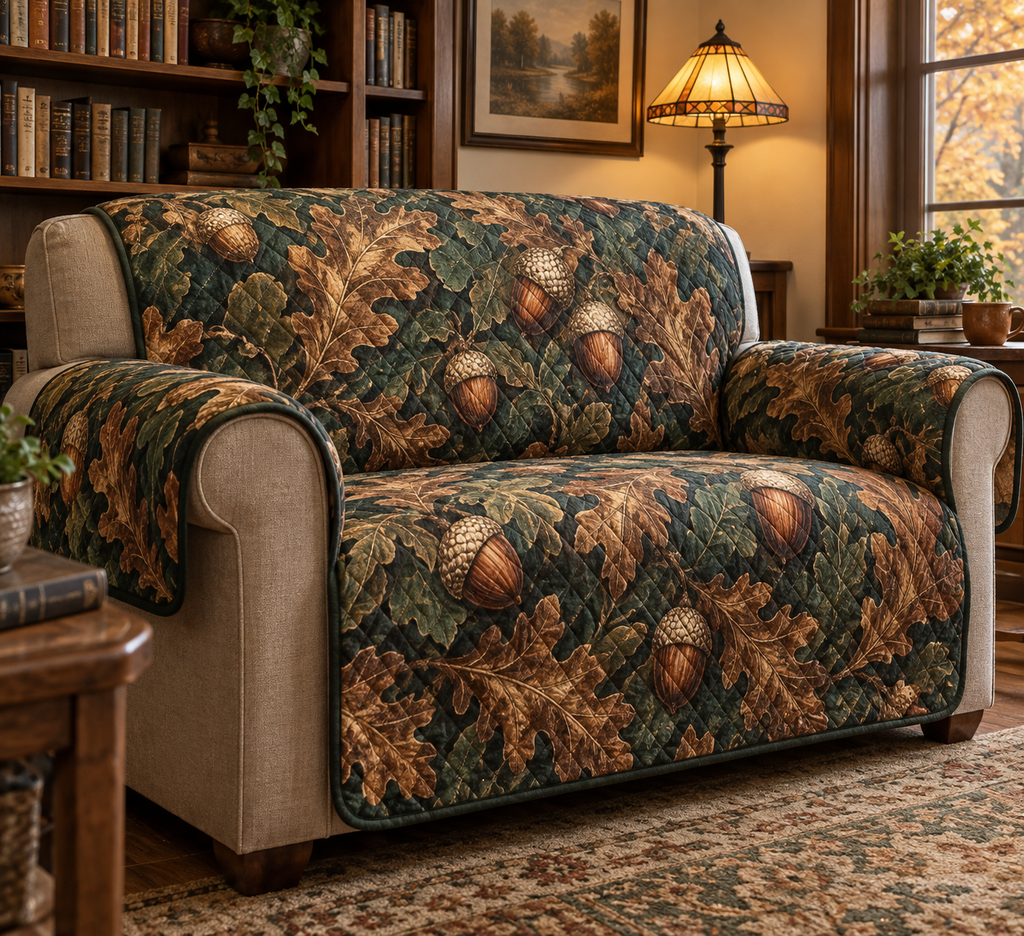 Acorns & Oak Leaves Reading Nook Sofa Cover with flat printed optical 3D acorns and oak leaves