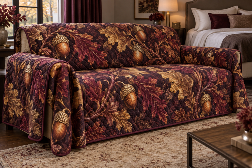 Acorns & Oak Leaves Bedroom Sofa Cover with flat printed optical 3D bronze acorns and burgundy oak leaves
