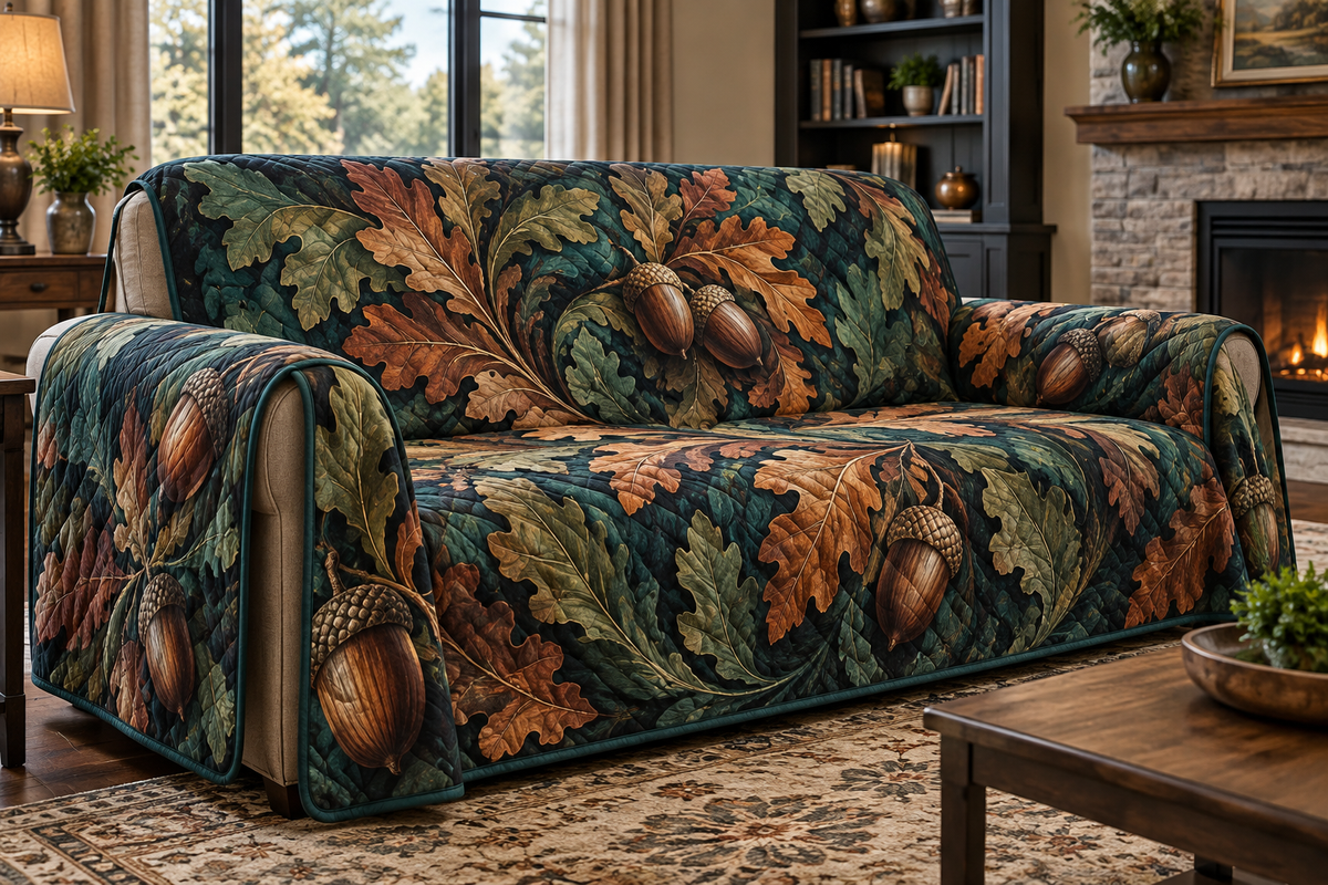 Acorns & Oak Leaves Living Room Sofa Cover with flat printed optical 3D acorns, curling copper oak leaves and jade moss