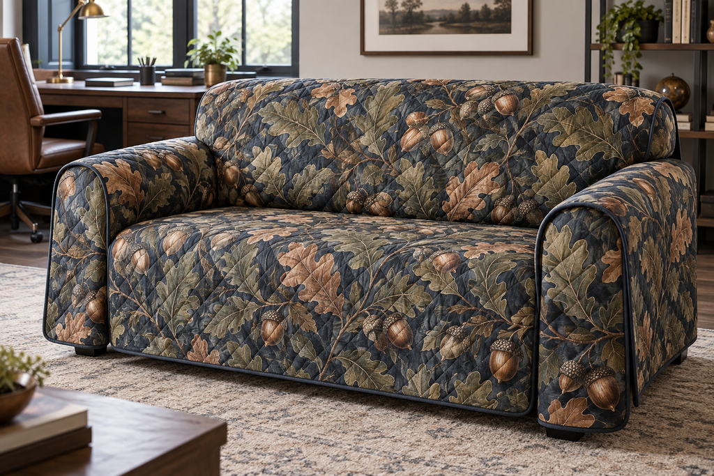 Acorns & Oak Leaves Home Office Sofa Cover with flat printed optical 3D chestnut acorns, sage oak leaves and copper highlights