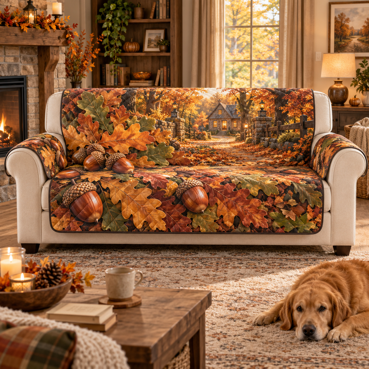 Loose quilted sofa protector with visible arm flaps and flat printed moon-phase optical depth in a furnished room.