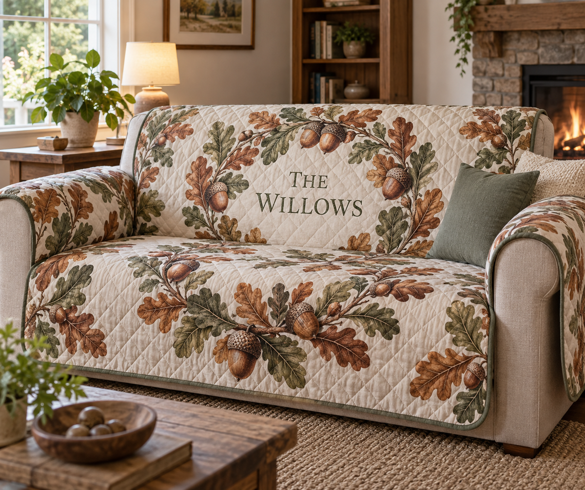Acorns & Oak Leaves Housewarming Sofa Cover with flat printed optical 3D acorns and oak leaves; sample family name shown on item