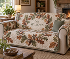Acorns & Oak Leaves Housewarming Sofa Cover with flat printed optical 3D acorns and oak leaves; sample family name shown on item