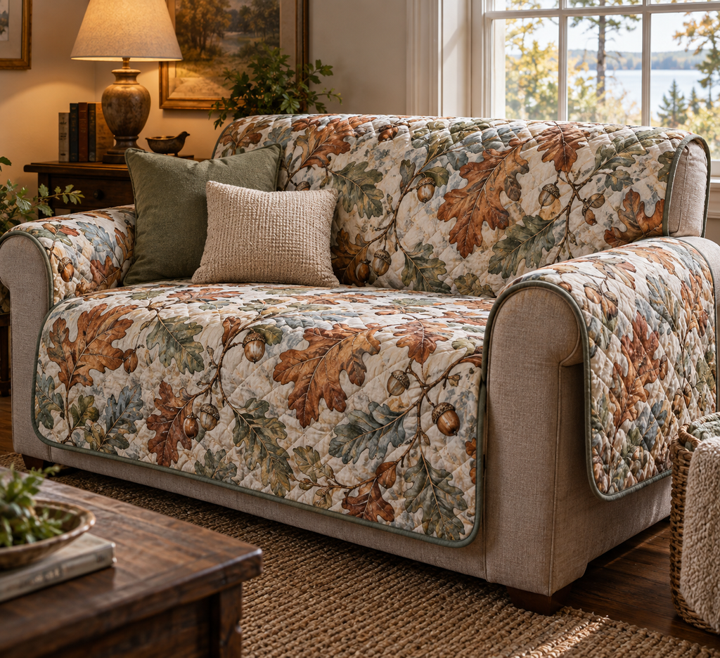 Acorns & Oak Leaves Quiet Corner Sofa Cover with flat printed optical 3D cinnamon acorns, sage oak leaves and soft woodland shadows