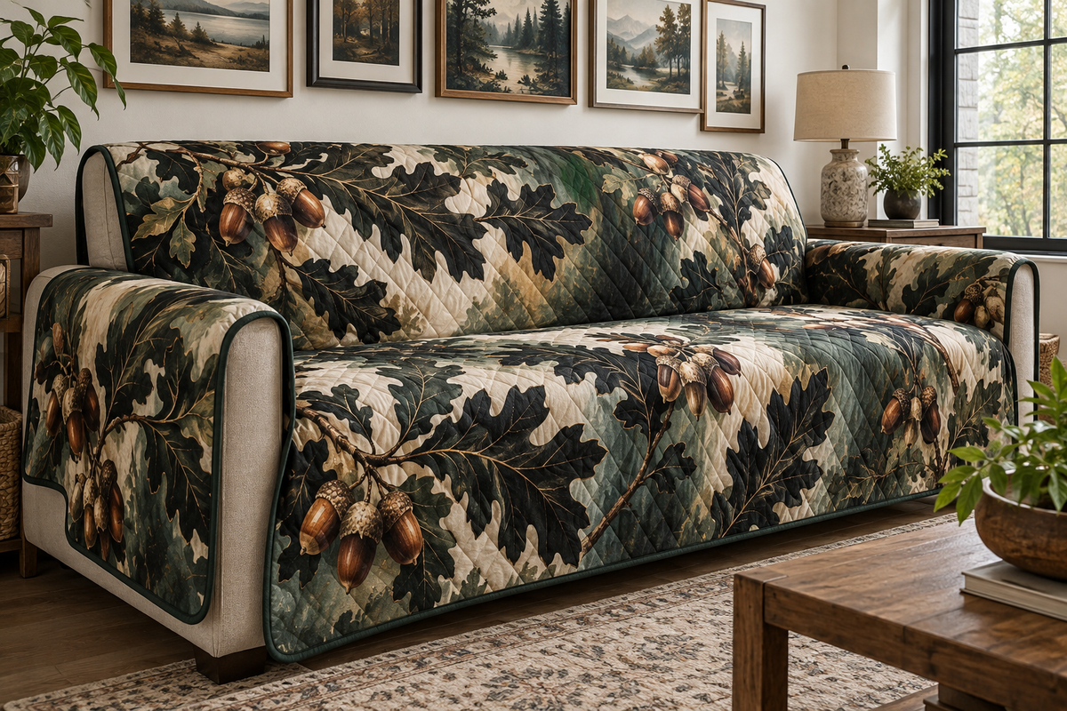 Acorns & Oak Leaves Gallery Wall Sofa Cover with flat printed optical 3D charcoal oak leaves, terracotta acorns and jade shadows