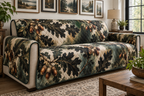 Acorns & Oak Leaves Gallery Wall Sofa Cover with flat printed optical 3D charcoal oak leaves, terracotta acorns and jade shadows