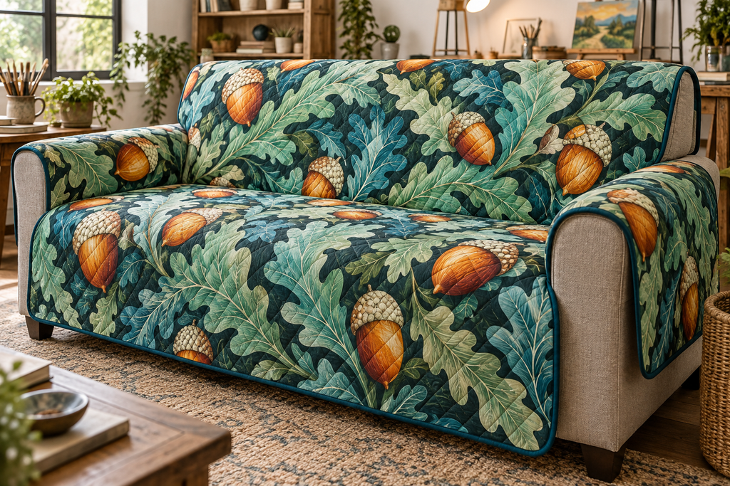 Acorns & Oak Leaves Studio Sofa Cover with flat printed optical 3D turquoise oak leaves, copper acorns and cobalt shadows