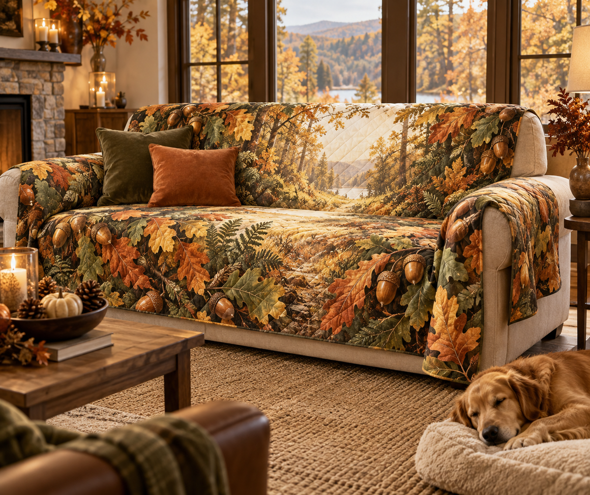 Acorns & Oak Leaves Host Gift Sofa Cover with flat printed optical 3D olive oak leaves, golden acorns and copper highlights
