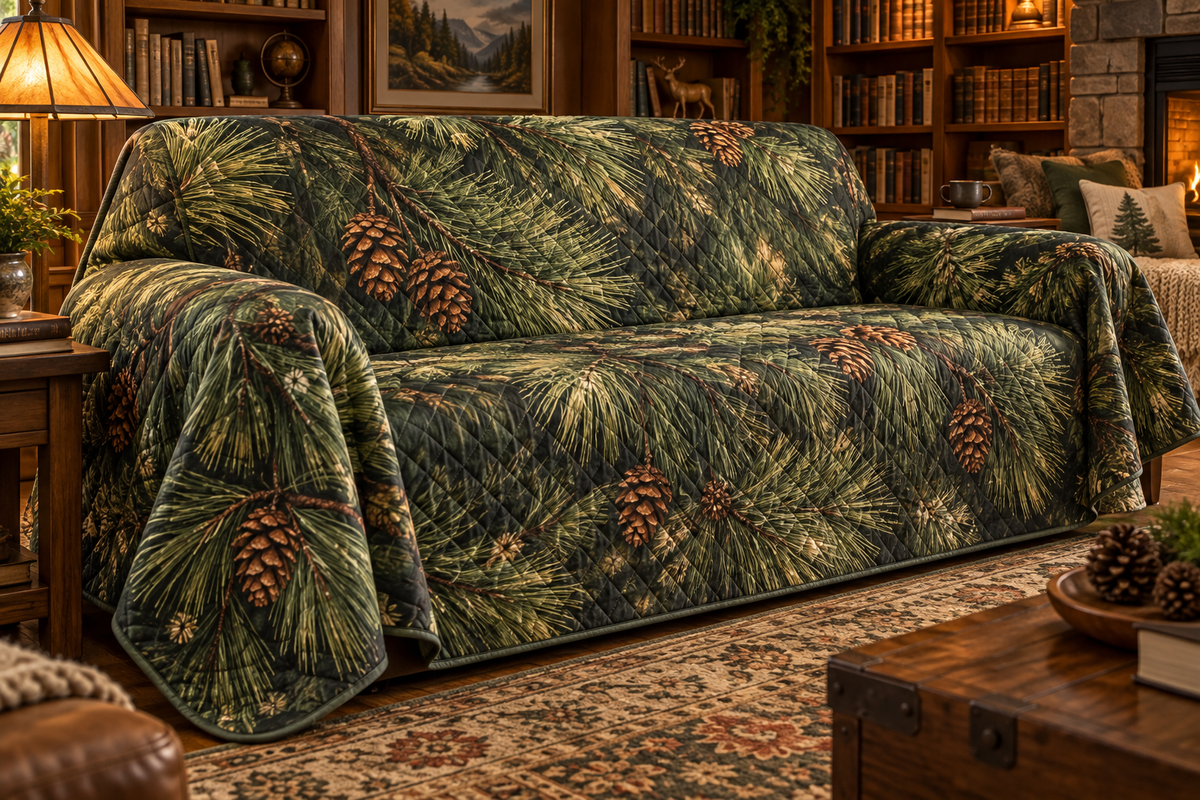 Pinecones & Needles Reading Nook Sofa Cover with flat printed optical 3D pine needles, pinecones and woodland shadows