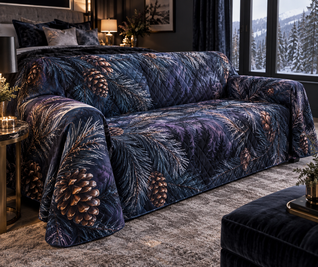 Pinecones & Needles Bedroom Sofa Cover with flat printed optical 3D midnight pine needles, copper pinecones and silver highlights