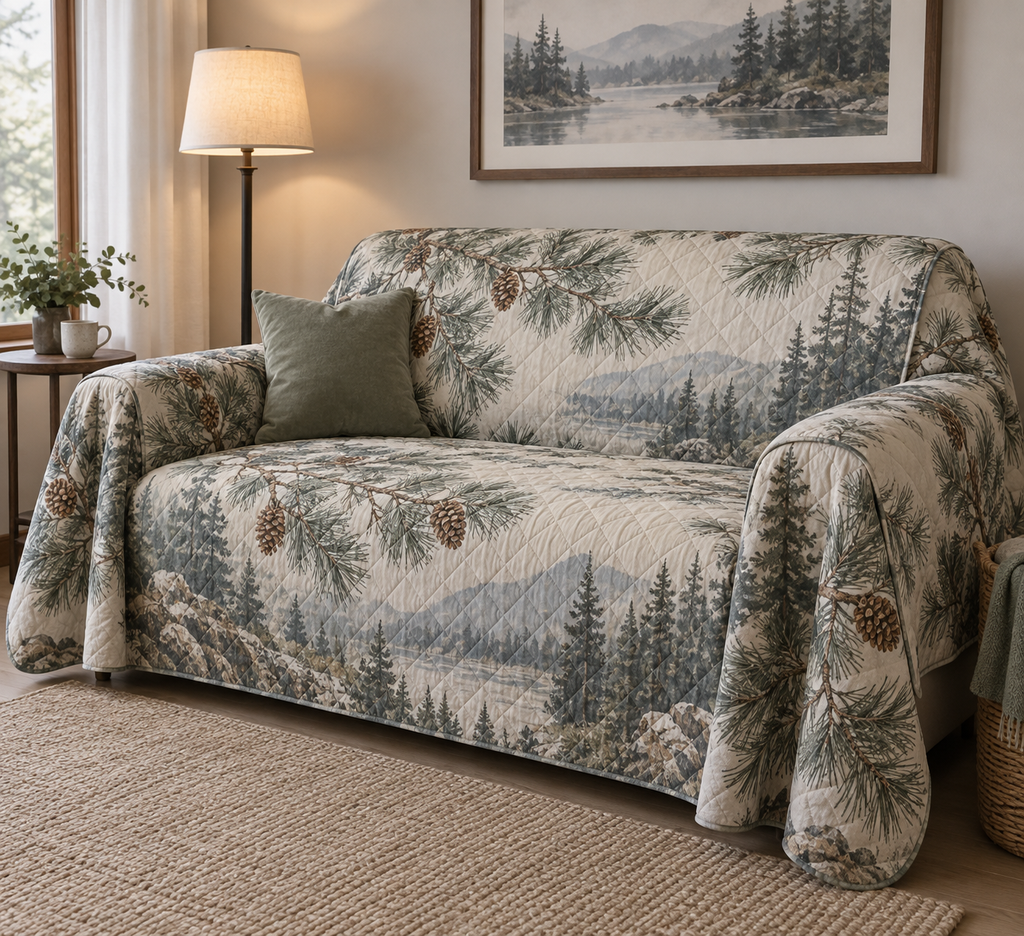 Pinecones & Needles Quiet Corner Sofa Cover with flat printed optical 3D sage pine needles, amber pinecones and soft mist