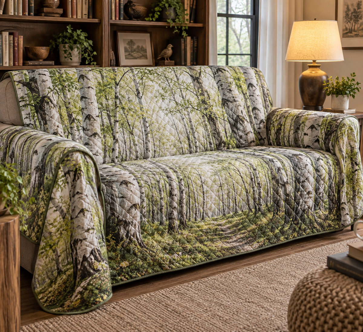 Birch Grove Reading Nook Sofa Cover with flat printed optical 3D birch trunks, sage foliage and golden woodland light