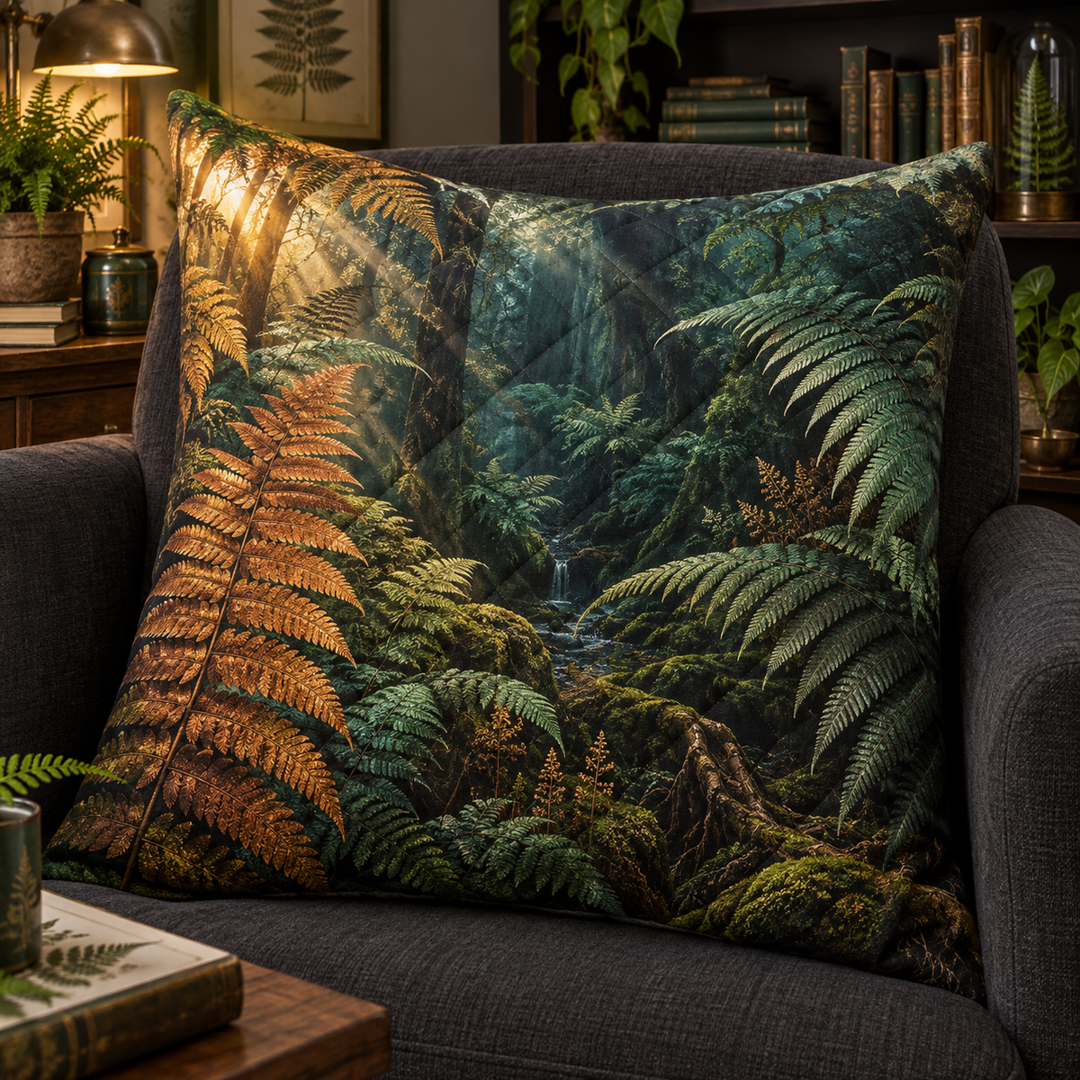 Birch Grove Bedroom Sofa Cover with flat printed optical 3D white birch trunks, gold leaves and midnight shadows