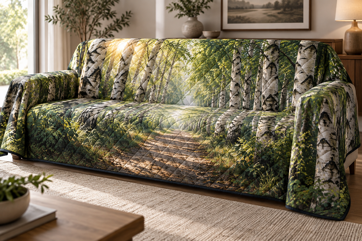 Birch Grove Living Room Sofa Cover with flat printed optical 3D white birch trunks, emerald foliage and honey light