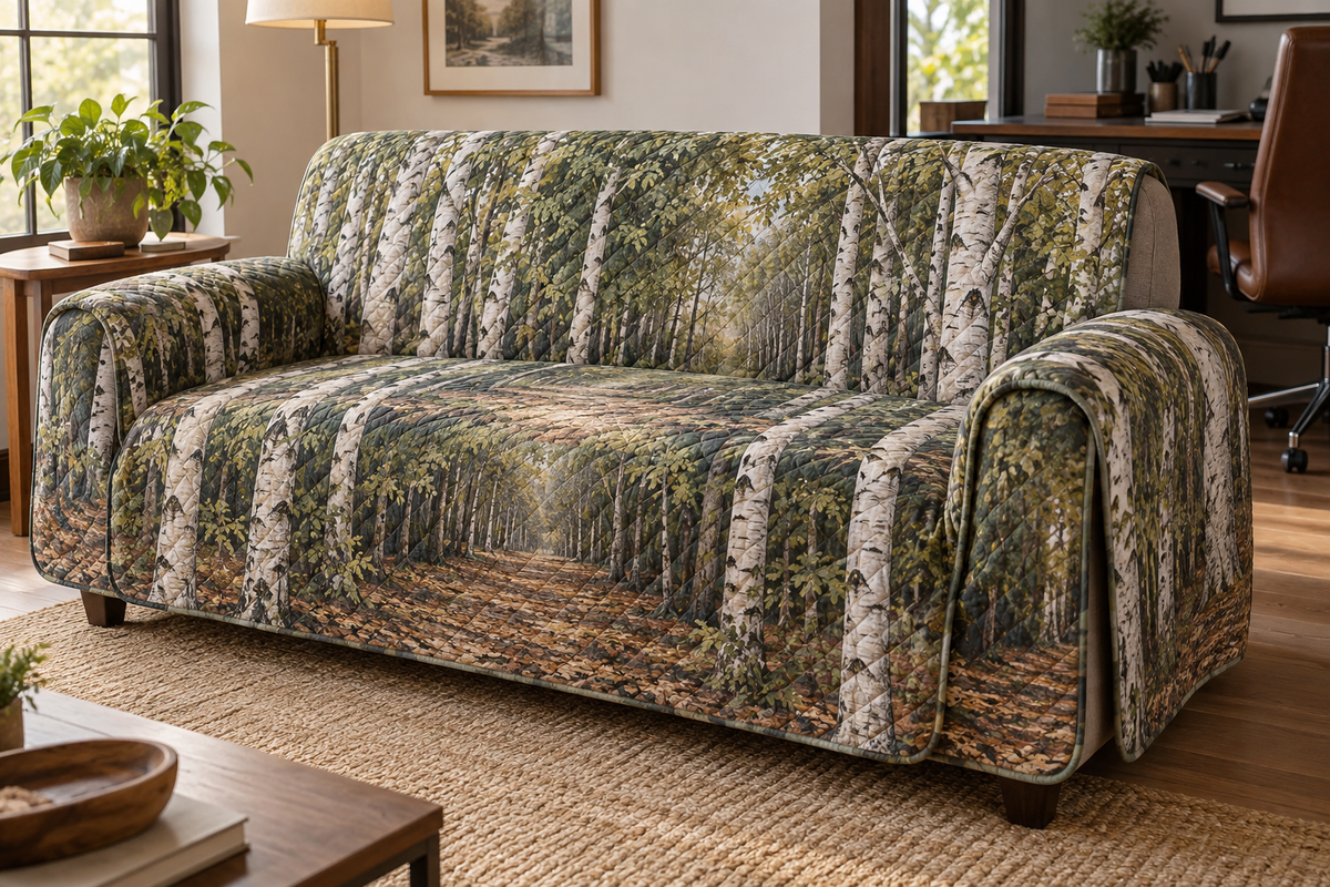 Birch Grove Home Office Sofa Cover with flat printed optical 3D ivory birch trunks, olive leaves and slate shadows