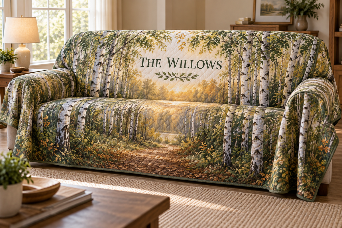 Birch Grove Housewarming Sofa Cover with flat printed optical 3D birch grove; sample family name shown on item