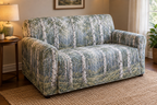 Birch Grove Quiet Corner Sofa Cover with flat printed optical 3D pale birch trunks, sage leaves and misty woodland light