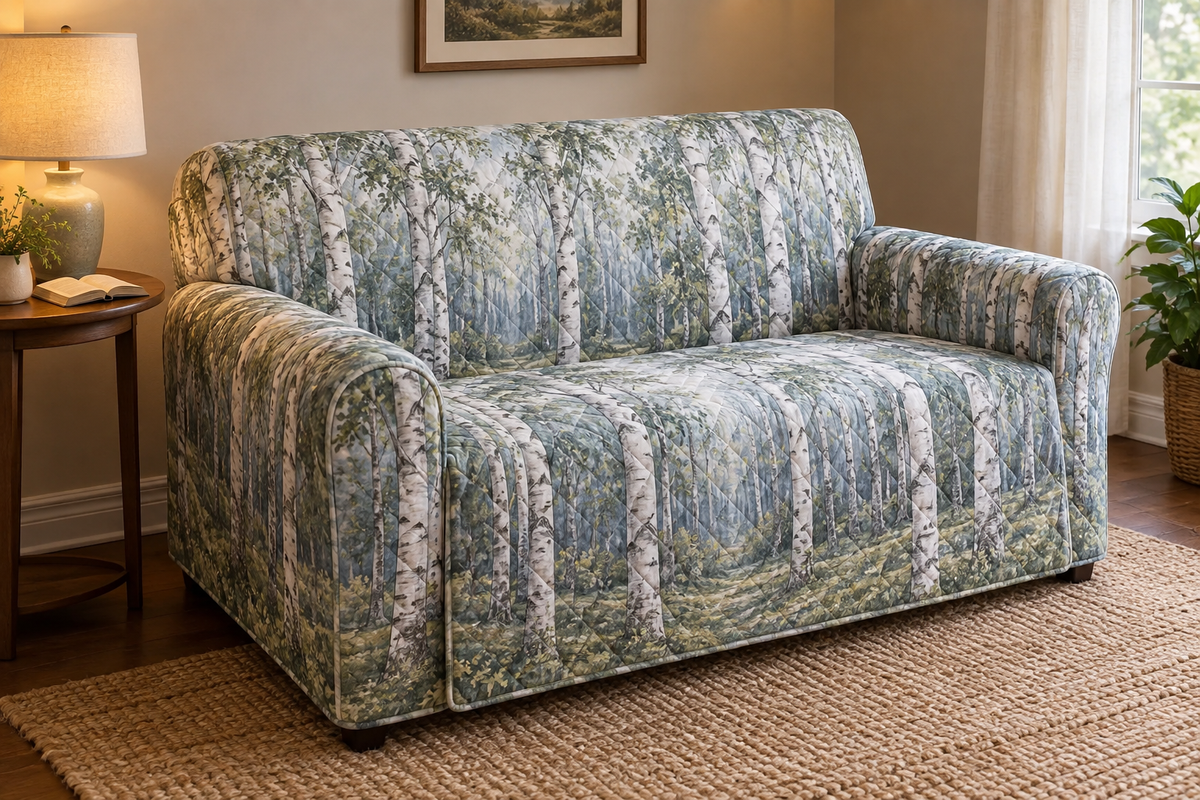 Birch Grove Quiet Corner Sofa Cover with flat printed optical 3D pale birch trunks, sage leaves and misty woodland light