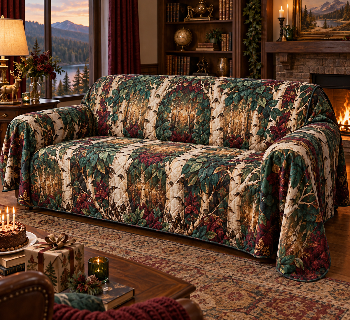 Birch Grove Collector Sofa Cover with flat printed optical 3D ivory birch trunks, emerald leaves and copper-gold woodland light