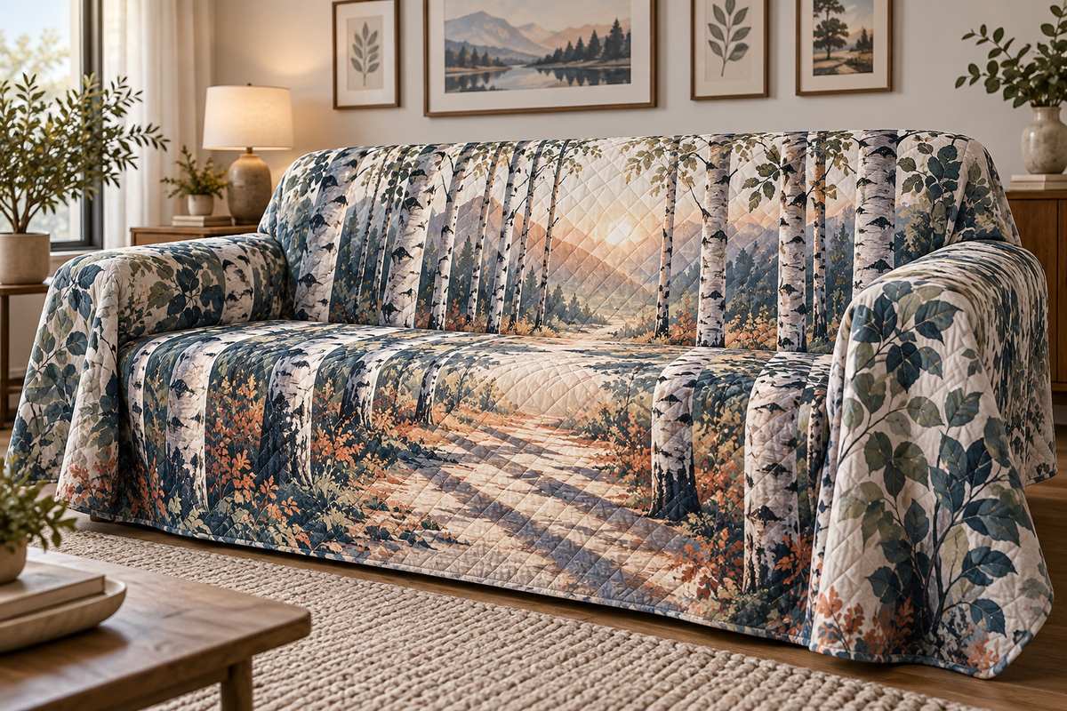 Birch Grove Gallery Sofa Cover with flat printed optical 3D ivory birch trunks, teal and sage leaves and warm light