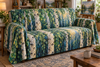 Birch Grove Hobby Studio Sofa Cover with flat printed optical 3D ivory birch trunks, emerald and teal leaves and creative studio light
