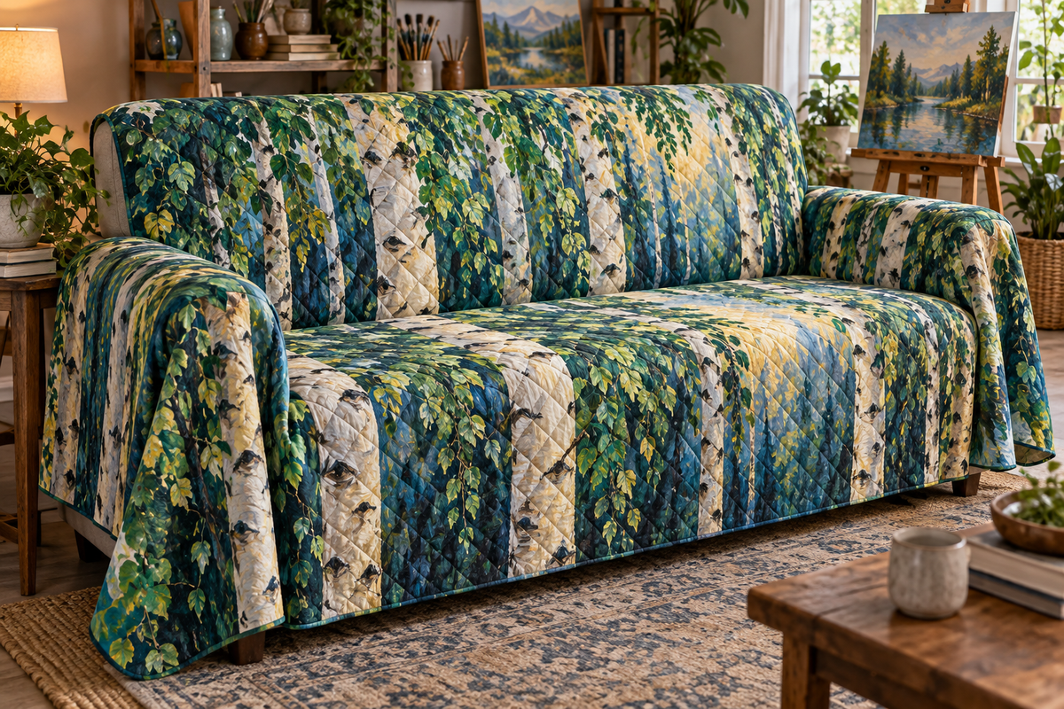 Birch Grove Hobby Studio Sofa Cover with flat printed optical 3D ivory birch trunks, emerald and teal leaves and creative studio light