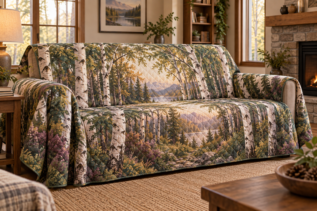 Birch Grove Host Gift Sofa Cover with flat printed optical 3D porcelain birch trunks, sage leaves and copper light