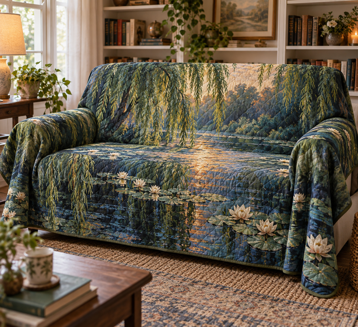 Willow Pond Reading Nook Sofa Cover with flat printed optical 3D willow fronds, jade pond ripples and water lilies