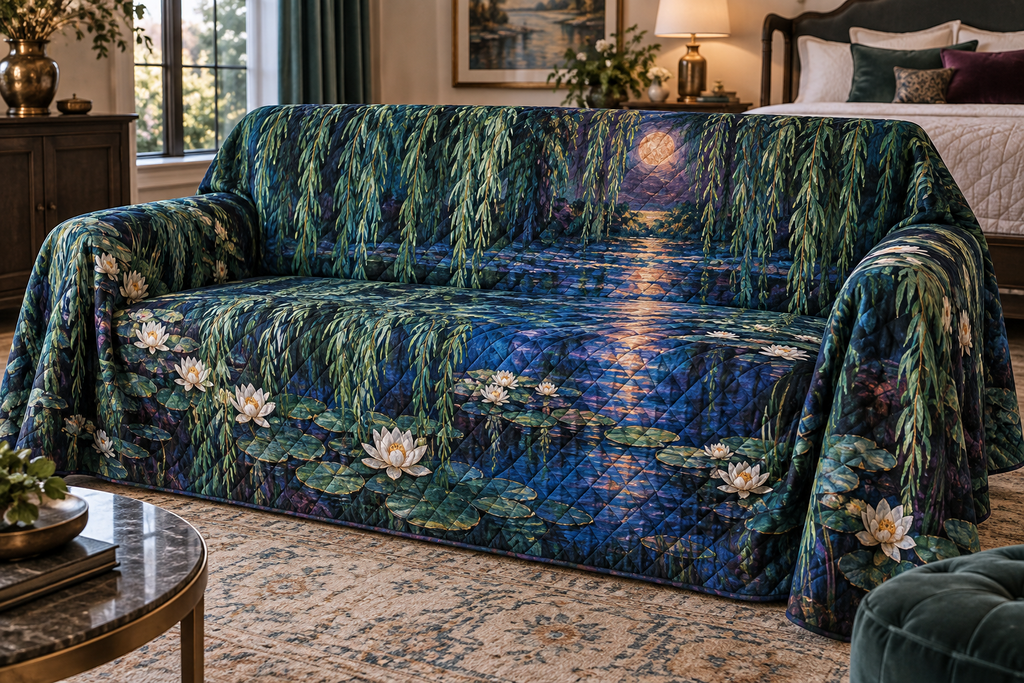 Willow Pond Bedroom Sofa Cover with flat printed optical 3D willow branches, blue pond ripples and water lilies