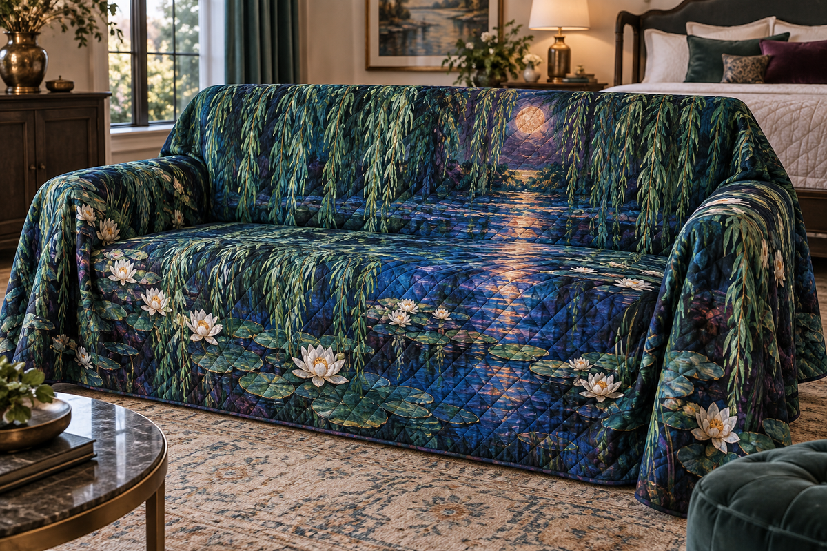 Willow Pond Bedroom Sofa Cover with flat printed optical 3D willow branches, blue pond ripples and water lilies