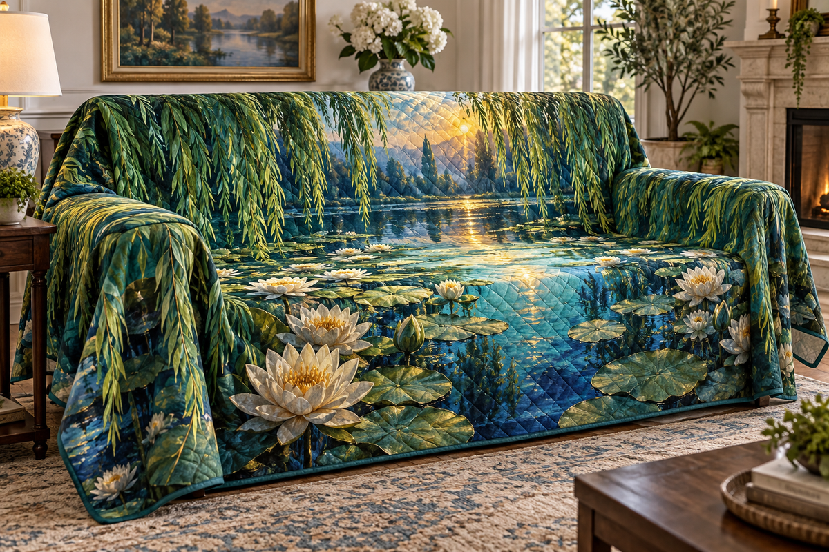 Willow Pond Living Room Sofa Cover with flat printed optical 3D jade willow strands, peacock-blue pond and water lilies