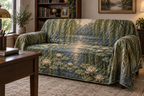 Willow Pond Home Office Sofa Cover with flat printed optical 3D sage willow fronds, slate-blue pond and ivory water lilies