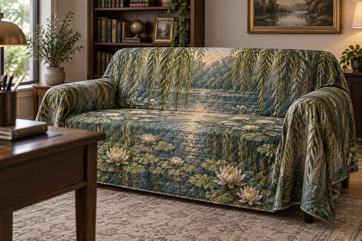 Willow Pond Home Office Sofa Cover with flat printed optical 3D sage willow fronds, slate-blue pond and ivory water lilies