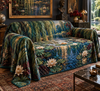 Willow Pond Collector Sofa Cover with flat printed optical 3D emerald willow leaves, sapphire pond and ivory lilies