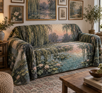 Willow Pond Gallery Sofa Cover with flat printed optical 3D olive willow fronds, aqua pond and ivory lily discs