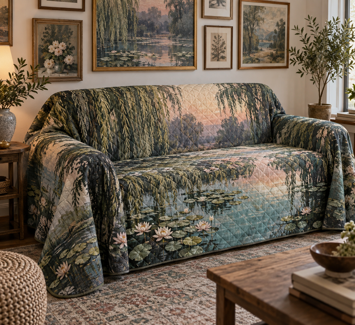 Willow Pond Gallery Sofa Cover with flat printed optical 3D olive willow fronds, aqua pond and ivory lily discs