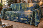 Willow Pond Hobby Studio Sofa Cover with flat printed optical 3D painterly willow, cobalt pond and ivory lilies